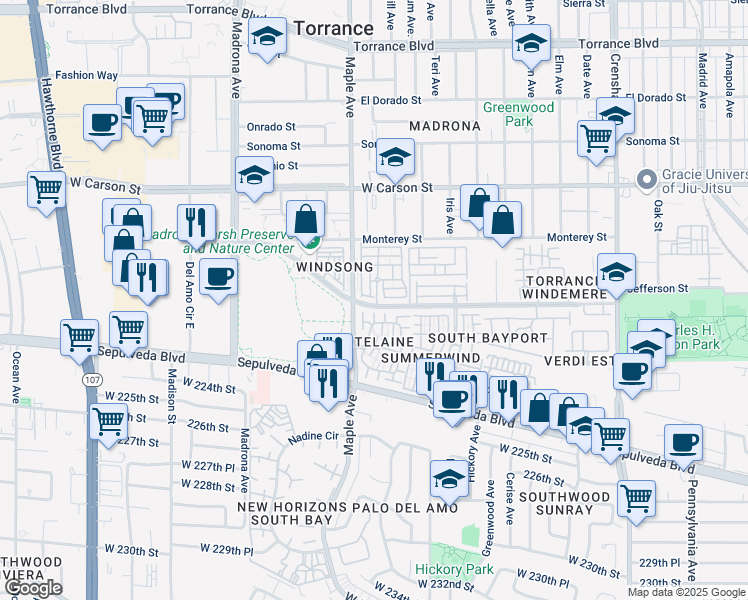 map of restaurants, bars, coffee shops, grocery stores, and more near 2971 Plaza del Amo in Torrance