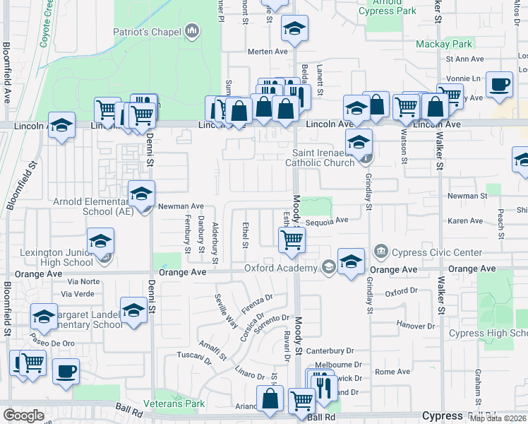 map of restaurants, bars, coffee shops, grocery stores, and more near 9348 Christopher Street in Cypress