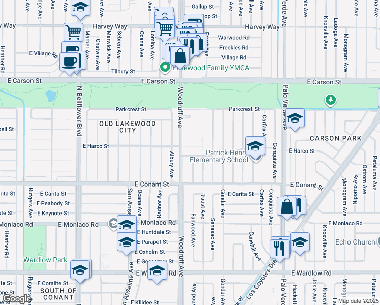 map of restaurants, bars, coffee shops, grocery stores, and more near 5919 East Harco Street in Long Beach