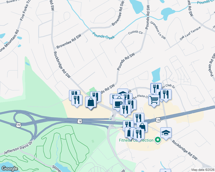 map of restaurants, bars, coffee shops, grocery stores, and more near 1805 Pounds Road Southwest in Stone Mountain