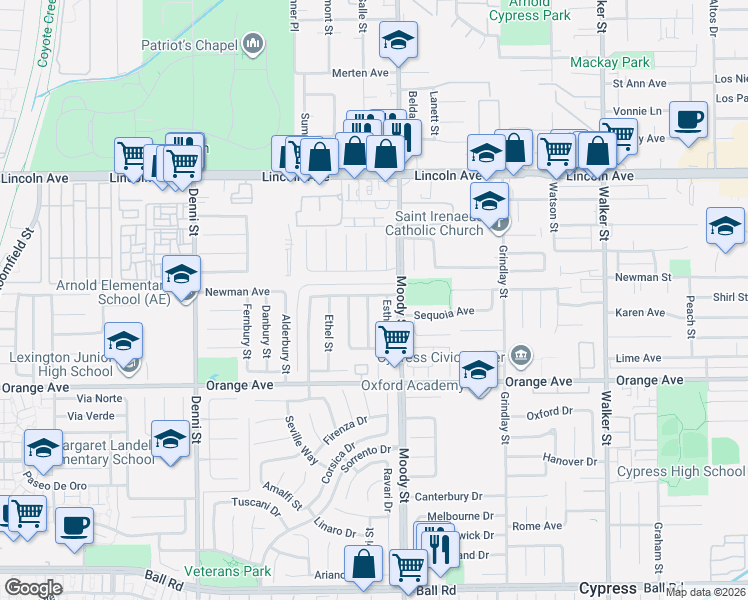 map of restaurants, bars, coffee shops, grocery stores, and more near 9348 Christopher Street in Cypress