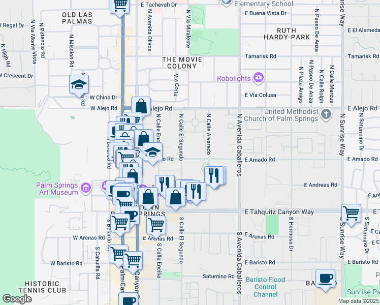 map of restaurants, bars, coffee shops, grocery stores, and more near 500 East Amado Road in Palm Springs