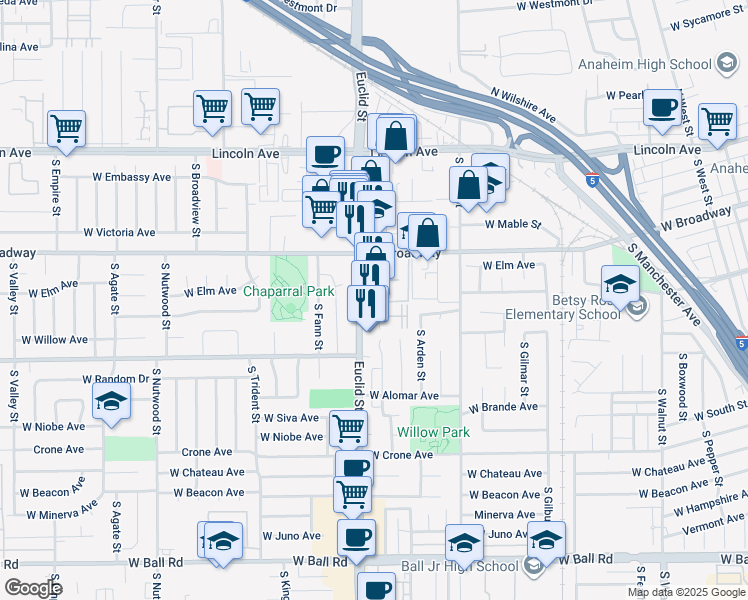 map of restaurants, bars, coffee shops, grocery stores, and more near 1680 West Tedmar Avenue in Anaheim