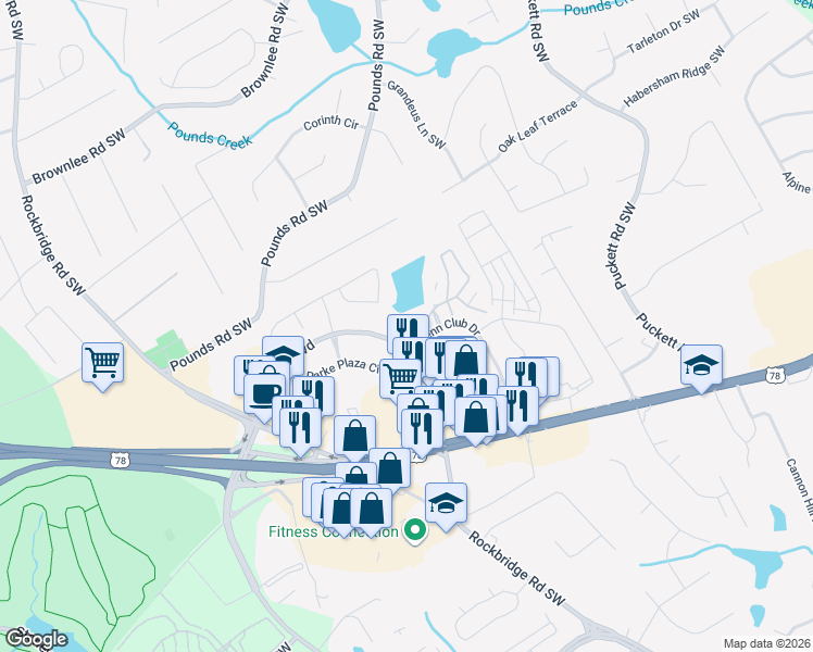 map of restaurants, bars, coffee shops, grocery stores, and more near 1640 East Park Place Boulevard in Stone Mountain