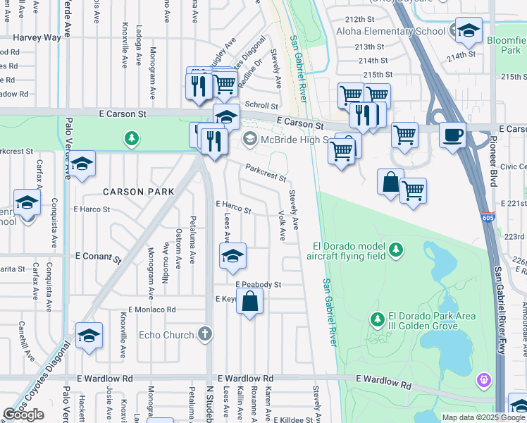 map of restaurants, bars, coffee shops, grocery stores, and more near 3739 Roxanne Avenue in Long Beach