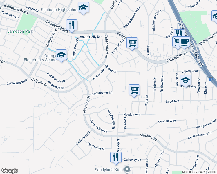 map of restaurants, bars, coffee shops, grocery stores, and more near 3425 Via Giovanni Circle in Corona
