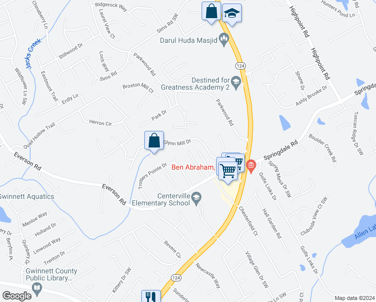 map of restaurants, bars, coffee shops, grocery stores, and more near Everson Ridge Court Southwest in Snellville