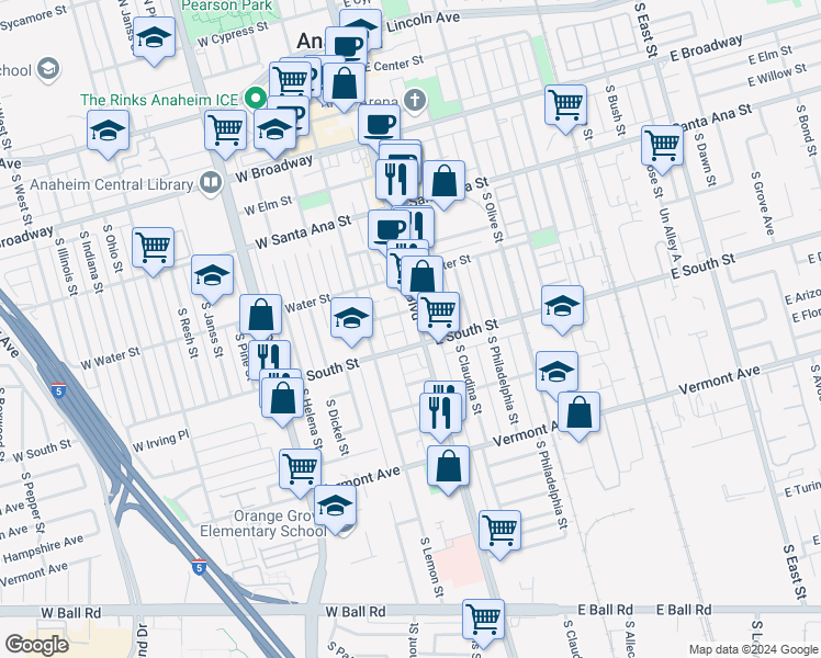 map of restaurants, bars, coffee shops, grocery stores, and more near 713 South Anaheim Boulevard in Anaheim