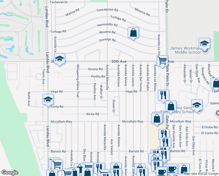 map of restaurants, bars, coffee shops, grocery stores, and more near 30476 Avenida Maravilla in Cathedral City
