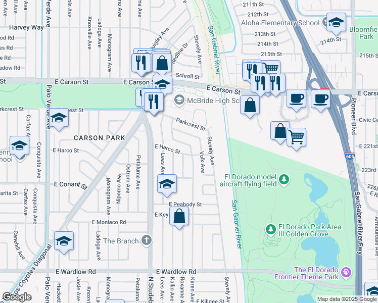 map of restaurants, bars, coffee shops, grocery stores, and more near 7043 East Harco Street in Long Beach
