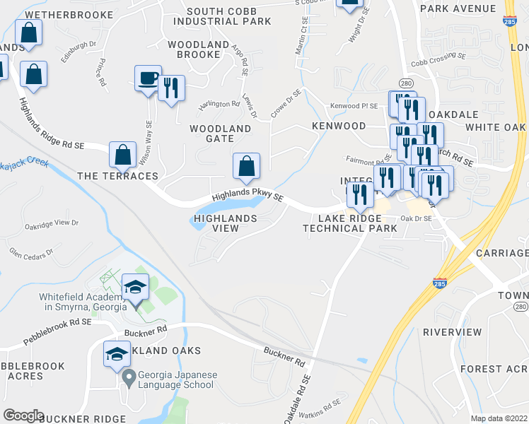 map of restaurants, bars, coffee shops, grocery stores, and more near 1805 Dunrobin Drive Southeast in Smyrna