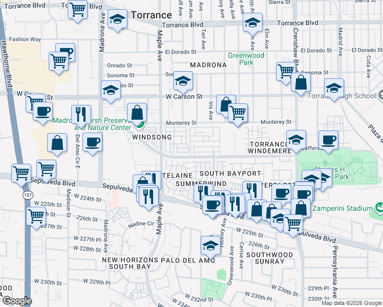 map of restaurants, bars, coffee shops, grocery stores, and more near 2300 Maple Avenue in Torrance