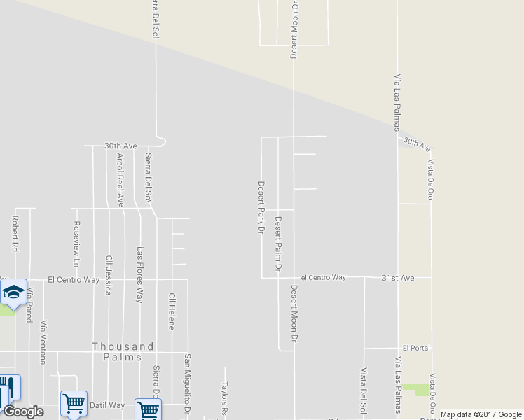 map of restaurants, bars, coffee shops, grocery stores, and more near Desert Park Drive in Thousand Palms