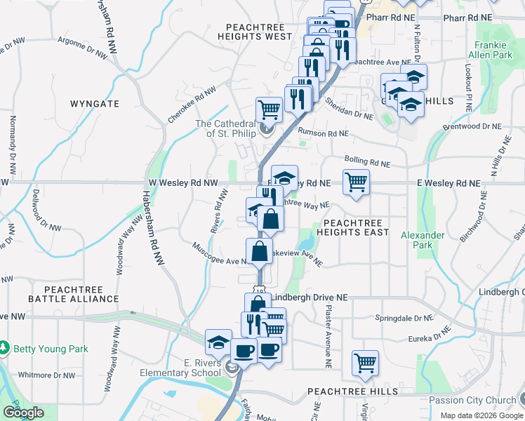 map of restaurants, bars, coffee shops, grocery stores, and more near 2655 Peachtree Road Northeast in Atlanta