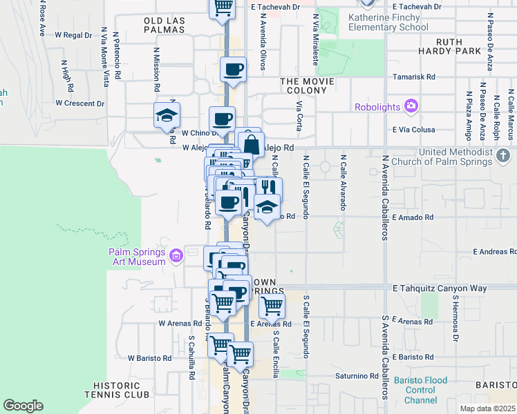 map of restaurants, bars, coffee shops, grocery stores, and more near 308 North Indian Canyon Drive in Palm Springs