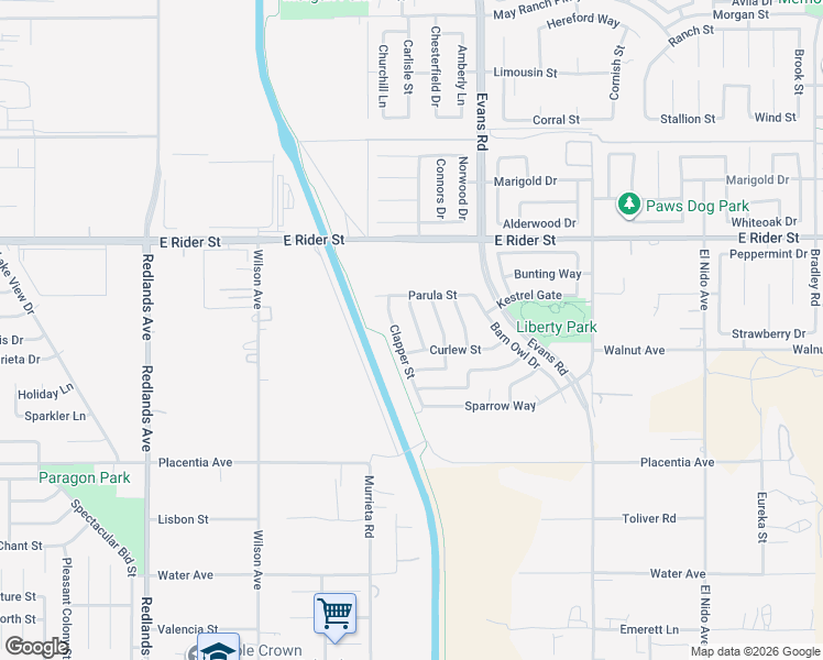 map of restaurants, bars, coffee shops, grocery stores, and more near 3088 Plover Way in Perris