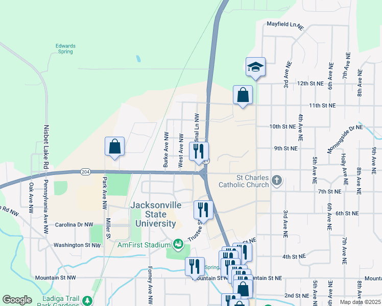 map of restaurants, bars, coffee shops, grocery stores, and more near 100 Alabama Street Northwest in Jacksonville