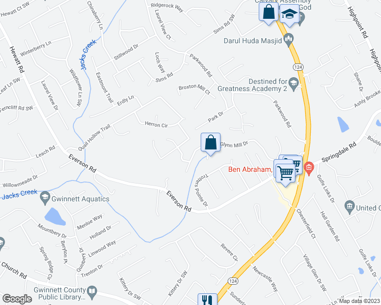 map of restaurants, bars, coffee shops, grocery stores, and more near 3253 Glynn Mill Drive in Snellville