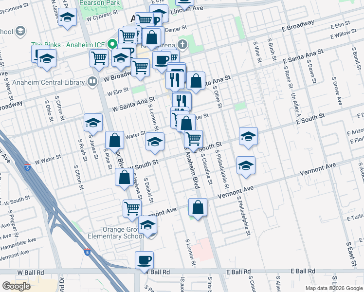 map of restaurants, bars, coffee shops, grocery stores, and more near 713 South Anaheim Boulevard in Anaheim