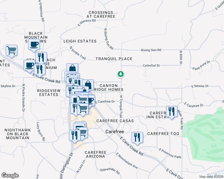 map of restaurants, bars, coffee shops, grocery stores, and more near 7501 East Sundance Trail in Carefree