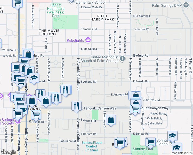map of restaurants, bars, coffee shops, grocery stores, and more near 1500 East Amado Road in Palm Springs
