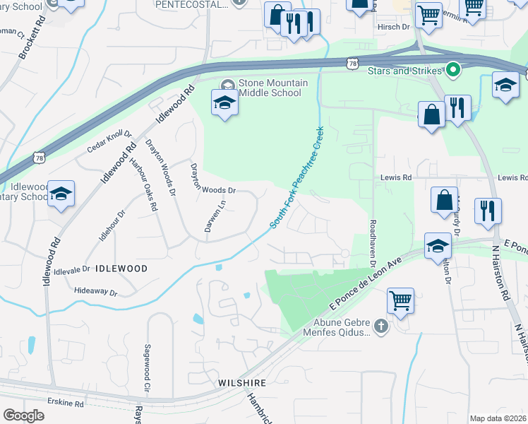 map of restaurants, bars, coffee shops, grocery stores, and more near 4375 Drayton Woods Court in Tucker