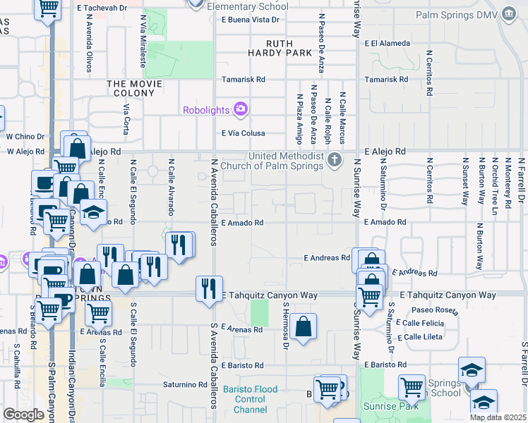 map of restaurants, bars, coffee shops, grocery stores, and more near 1100 East Amado Road in Palm Springs