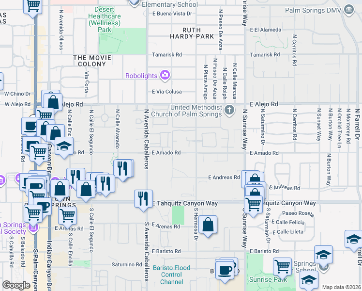 map of restaurants, bars, coffee shops, grocery stores, and more near 1100 East Amado Road in Palm Springs