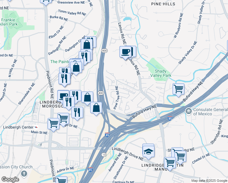 map of restaurants, bars, coffee shops, grocery stores, and more near 2700 Pine Tree Road Northeast in Atlanta