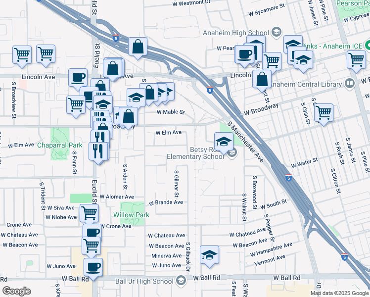 map of restaurants, bars, coffee shops, grocery stores, and more near 360 South Gilbuck Drive in Anaheim