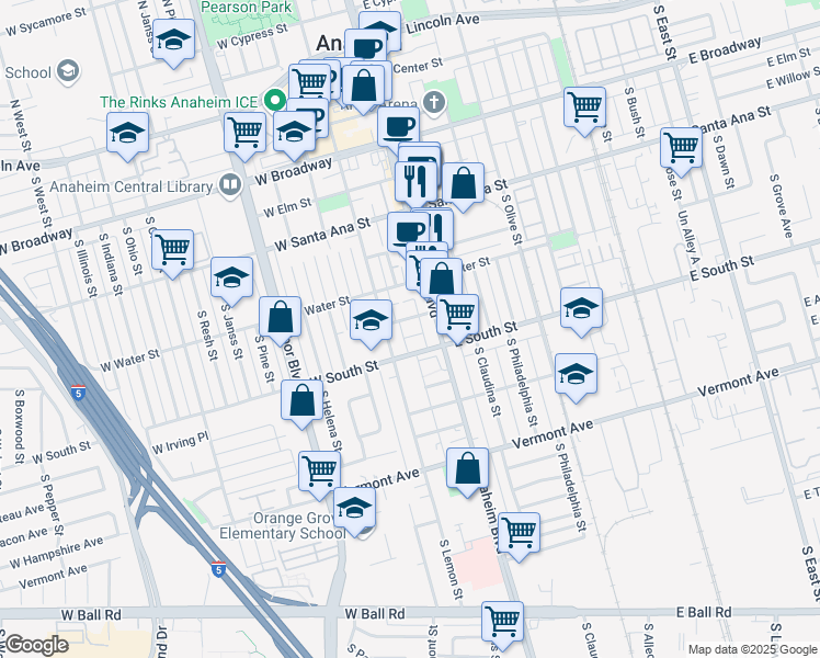 map of restaurants, bars, coffee shops, grocery stores, and more near 631 South Anaheim Boulevard in Anaheim