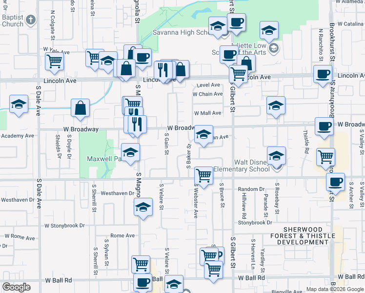 map of restaurants, bars, coffee shops, grocery stores, and more near 316 South Beachy Place in Anaheim