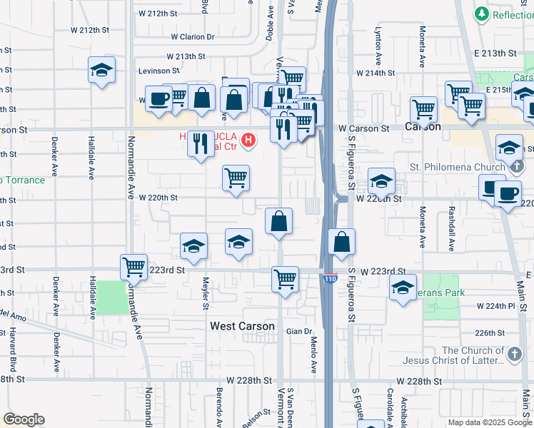 map of restaurants, bars, coffee shops, grocery stores, and more near 22003 Vermont Avenue in Torrance