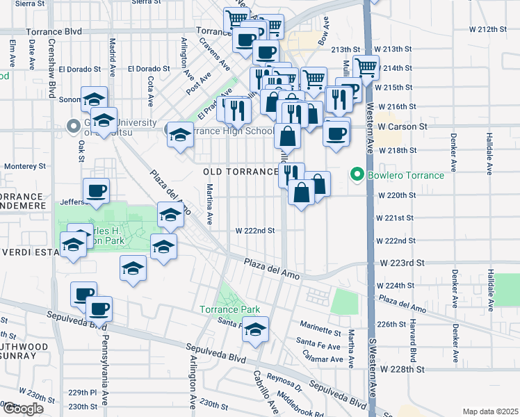 map of restaurants, bars, coffee shops, grocery stores, and more near 1928 Andreo Avenue in Torrance