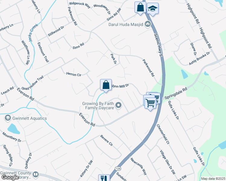 map of restaurants, bars, coffee shops, grocery stores, and more near 3132 Glynn Mill Drive in Snellville