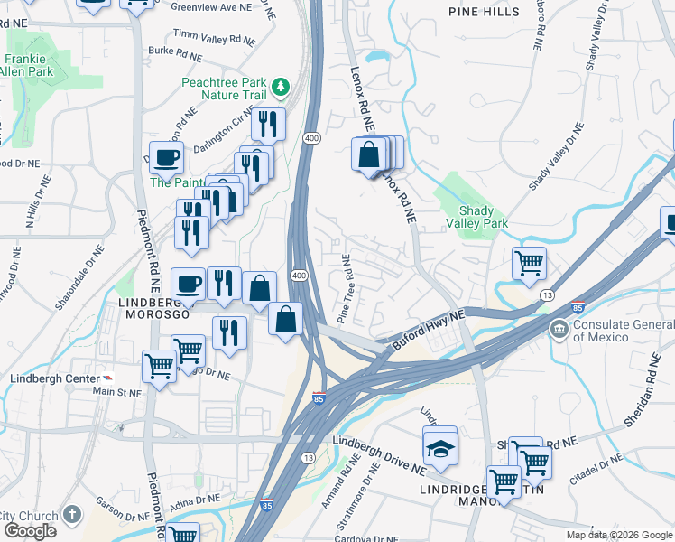 map of restaurants, bars, coffee shops, grocery stores, and more near 2700 Pine Tree Road Northeast in Atlanta