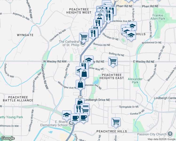 map of restaurants, bars, coffee shops, grocery stores, and more near 58 Peachtree Way Northeast in Atlanta