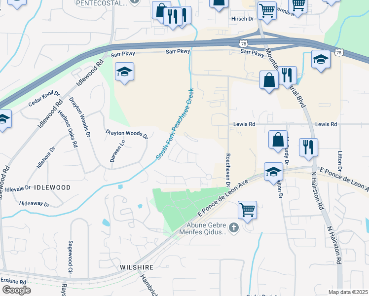 map of restaurants, bars, coffee shops, grocery stores, and more near 4422 Richmond Court in Stone Mountain