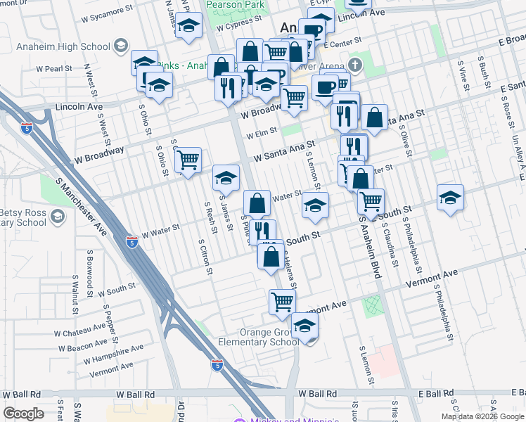 map of restaurants, bars, coffee shops, grocery stores, and more near 561 South Helena Street in Anaheim