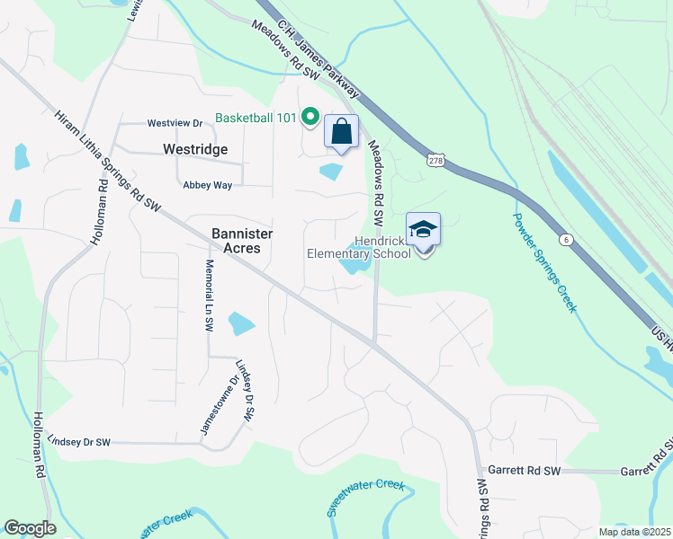 map of restaurants, bars, coffee shops, grocery stores, and more near 5301 Meadows Lake Crossing Southwest in Powder Springs