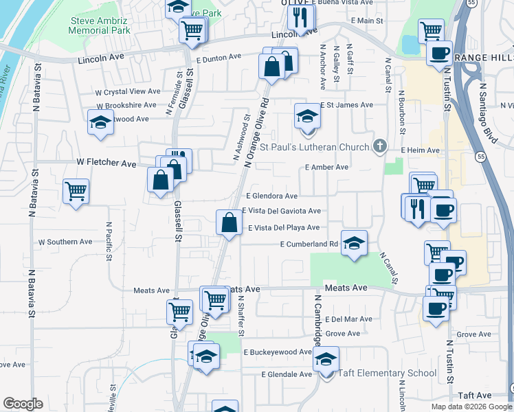 map of restaurants, bars, coffee shops, grocery stores, and more near 545 East Vista Del Gaviota Avenue in Orange