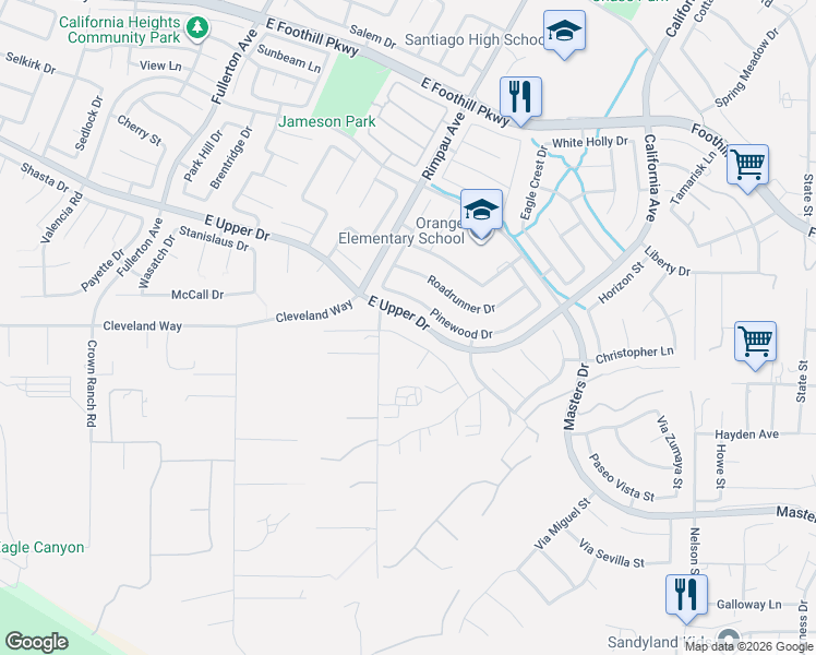 map of restaurants, bars, coffee shops, grocery stores, and more near Sallie Jeffreys Way in Corona