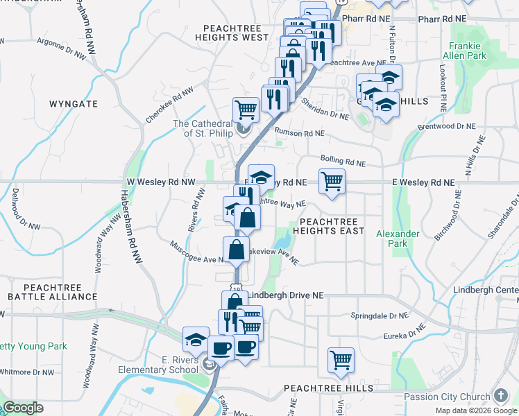 map of restaurants, bars, coffee shops, grocery stores, and more near 58 Peachtree Way Northeast in Atlanta