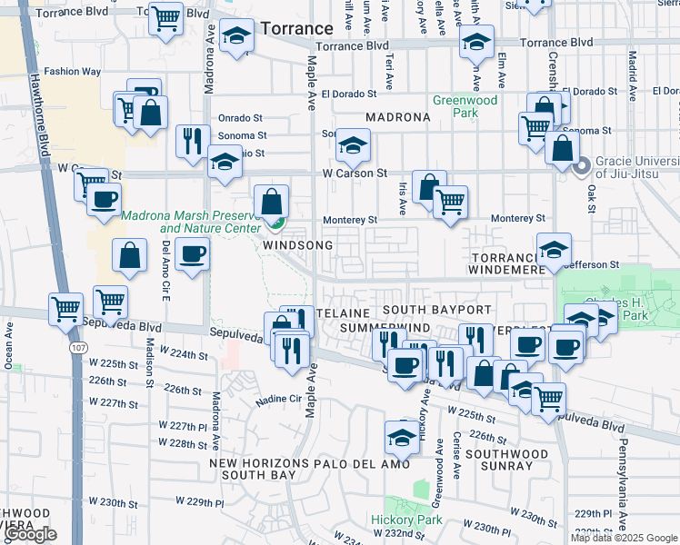 map of restaurants, bars, coffee shops, grocery stores, and more near 2931 Plaza del Amo in Torrance