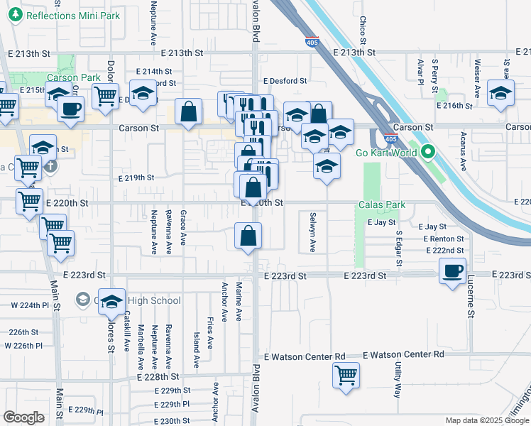 map of restaurants, bars, coffee shops, grocery stores, and more near 21950 South Avalon Boulevard in Carson