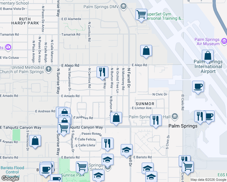 map of restaurants, bars, coffee shops, grocery stores, and more near 312 North Burton Way in Palm Springs
