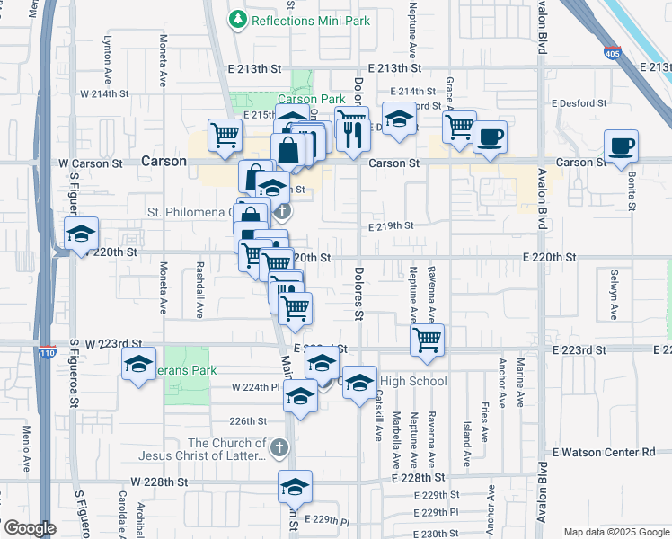 map of restaurants, bars, coffee shops, grocery stores, and more near 232 East 220th Street in Carson