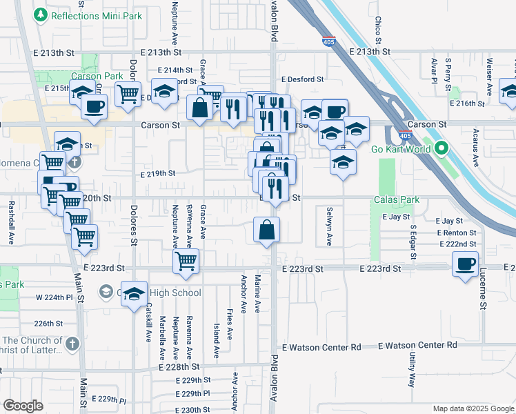 map of restaurants, bars, coffee shops, grocery stores, and more near 639 East 220th Street in Carson
