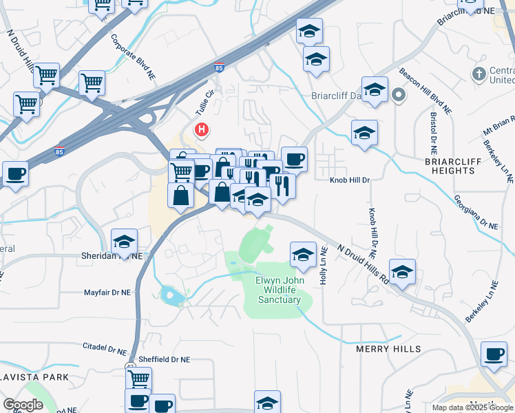 map of restaurants, bars, coffee shops, grocery stores, and more near 1612 Woodcliff Drive Northeast in Atlanta