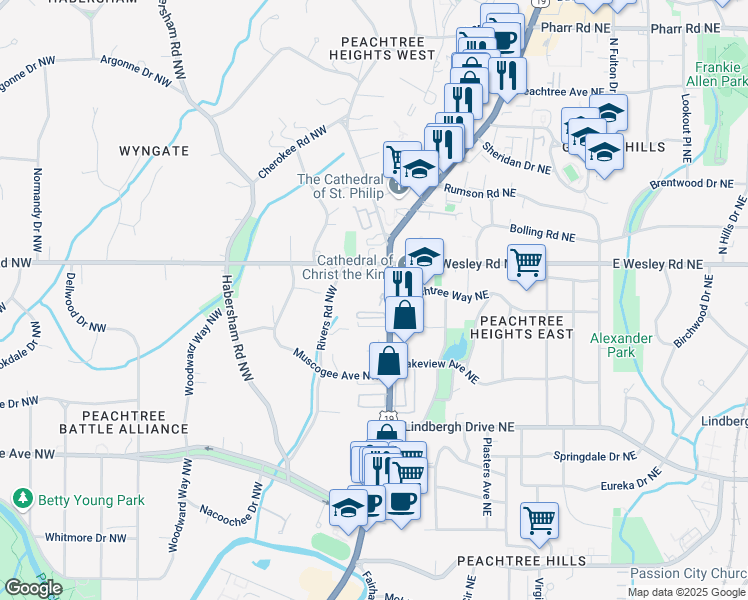 map of restaurants, bars, coffee shops, grocery stores, and more near 2660 Peachtree Road Northwest in Atlanta